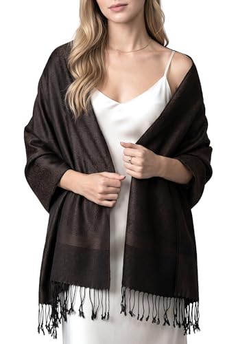 Achillea Two-Tone Vintage Paisley Pashmina Scarf – Lightweight Wrap & Shawl for Dresses, Weddings, Travel, All Seasons - color: Dark Coffee