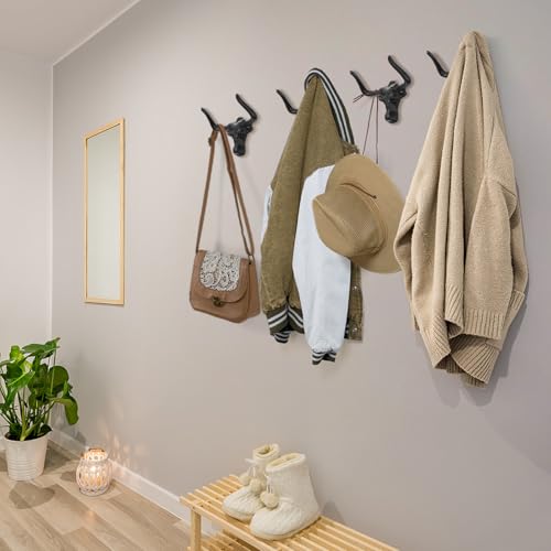 Foraineam 4 Pack Cowboy Hat Rack for Wall, Animal Head Metal Cowboy Hat Hanger Cap Holder, Cast Iron Western Longhorn Hooks for Closet Bedroom Living Room Hats Storage and Display Rustic Men's Gift