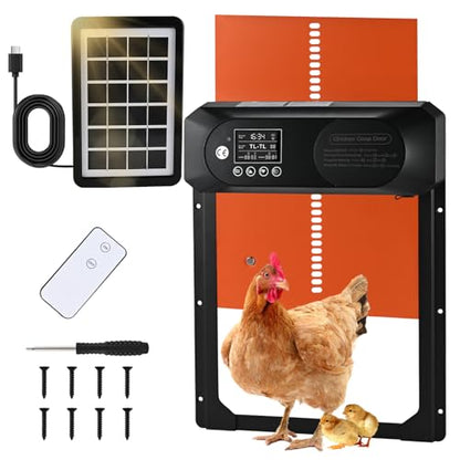 Automatic Chicken Coop Door Solar Powered with Remote Control, Auto Chicken Door with Timer & Light Sensor, Anti-Pinch Safety, Waterproof Aluminum Chicken Door with LED Display