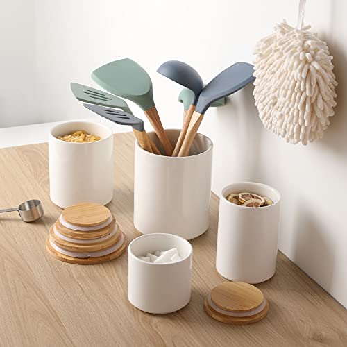 Sweejar Kitchen Canisters Ceramic Food Storage Jar Set, Stackable Containers with Airtight Seal Wooden Lid for Serving Ground Coffee, Tea, Herbs, Grains, Sugar, Salt - Set of 4 (White) - color: White, style: Set of 4(Classic Style)