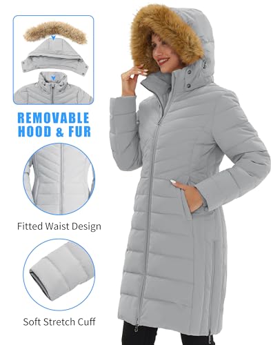 Pioneer Camp Women's Winter Coats Warm Thicken Long Puffer Jacket Waterproof Quilted Parka with Removable Faux Fur Hood - color: Light Grey, size: X-Large