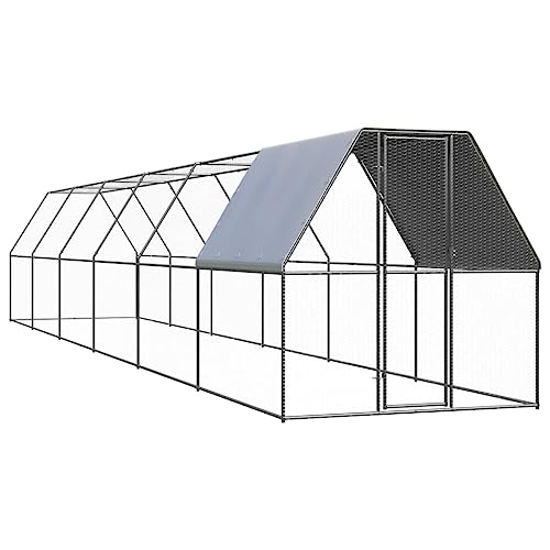 Galvanized Steel Outdoor Chicken Coop 6.6'x39.4'x6.6' Silver with PE Roof Lockable Door for Ducks Rabbits Aviary - color: silver+silver grey/+ partially, size: 6.6' x 39.4' x 6.6' (W x D x H)