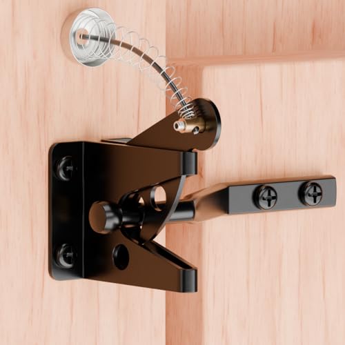 Self-Locking Heavy-Duty Gate Latch with Spring: Automatic Gravity Lever Mechanism for Wooden Fences, Includes Longer Fasteners and Pull String Door Latches, Constructed from Steel, Black Color-1 Pack - size: With Spring-loaded pull cord