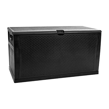 Merrick Lane Outdoor Storage Container - 120 Gallon Capacity - Black Weather Resistant Plastic - UV Treated to Prevent Fading - Chest Design with Hinged Lid