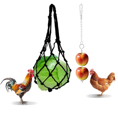 2PCS Chicken Feeding Toys Set, Chicken Hanging Feeder Toy Hanging Fruit Fork & Mesh Bag, Keeps Food Clean and Dry (A,Mesh+Fork)