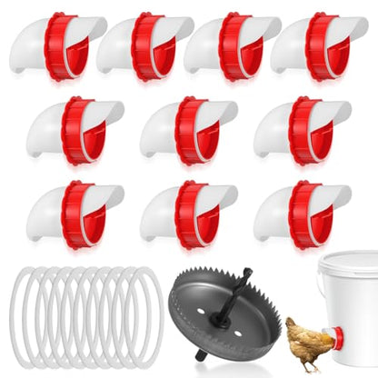 Kifmurase 10Pcs DIY Chicken Feeders No Waste, Poultry Feeder with 10 Covers 1 Hole Saw, Waterproof Automatic Gravity Chicken Feeder Kits, Waterer Food Dispenser Set for Buckets Troughs