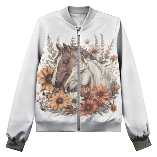 Vintage Fall/Winter Casual Animal Print Graphic Coat Women's Basic Crew Neck Long Sleeve Fashion Bomber Jacket - color: Horse White, size: Small