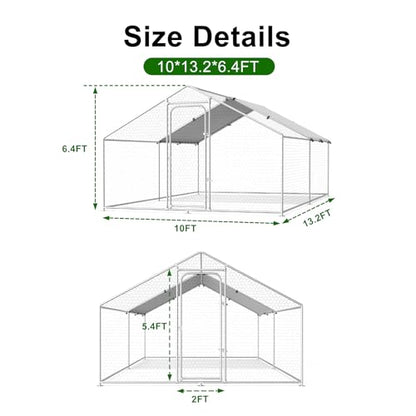 Large Metal Chicken Coop Run with Roosting Perch, 13x9.8x6.4 Outdoor Poultry Cage Pen with Waterproof and UV-Resistant Cover for Chickens Use, Spire Roof - size: 157.0"L x 118.0"W x 78.0"H