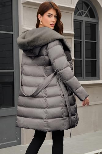 PAPILLON D'OR WEAR YOUR WINGS Women's Long Puffer Coat with Belt, Hood & Furry Lining - Knee-Length Winter Jacket - color: Mink-gray, size: Medium