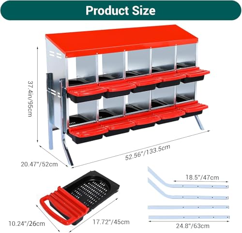 Chicken Nesting Boxes,10 Compartment Nesting Boxes for Laying Eggs with Legs,Wall Mount Poultry Roll Away Chicken Laying Boxes,Easy Egg Collection,Cleanable Pull Out Hen Roosting Boxes - color: Red