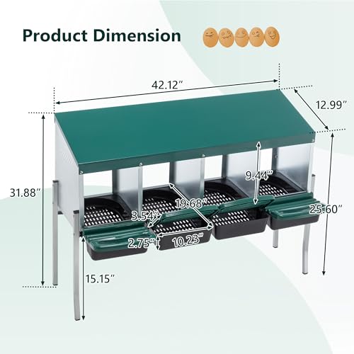 Chicken Metal Nesting Boxes with Legs, 4 Compartment Metal Nesting Box for Chicken, 4 Room Wall Mounted Nesting Boxes for Hens, Cover to Protect Eggs - size: 42.1"L x 13.0"W x 31.9"H