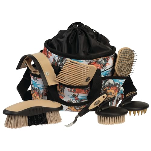 Weaver Equine Horse Grooming Kit, 7-Piece Horse Brush Set with Organizer Tote Bag, Hoof Pick, Comb, Sweat Scraper, Equine Tools for Daily Grooming, Bucking Bronc - color: Bucking Bronc