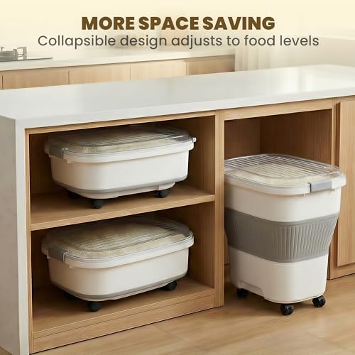 HOYTAMDAR 20-50Lbs Rice Container,Collapsible Food Storage Containers with Airtight Clear Lid,Wheels,Rice Storage Container with Small Bin and Scoop,Rice Dispenser for Flour Sugar Cereal Grain Dog Cat - color: Grey/20-50lbs