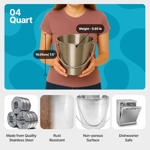 1 Gallon Heavy Duty Stainless Steel Bucket - Rust-Resistant Metal Bucket for Feeding & Watering Pets, Livestock & Cleaning - Perfect for Crates, Kennels, Cages & Hang on Fences - 4 Quart - size: 4 Quarts