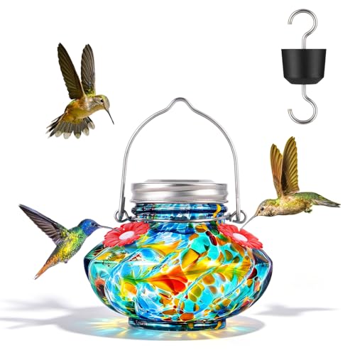 BOLITE Hummingbird Feeders for Outdoors, Hand Blown Top Fill Hummingbird Feeder, Glass Mason Jar with 4 Flower Feed Ports, Easy to Clean, Leak Proof, Bee Proof, Ant Moat, Blue, Gift for Bird Lovers - color: Blue
