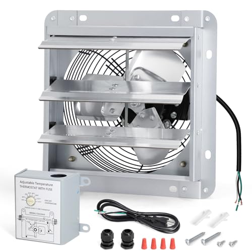 Cracubit Criditpid 7 Inch Shutter Exhaust Fan, Garage Exhaust, Wall Exhaust Fan with Adjustable Thermostat Switch for Gable, Shed, Garage, Basement, Greenhouse, Kitchen, Attic - color: Silver Shutter Exhaust Fan