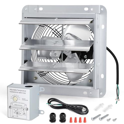 Cracubit Criditpid 7 Inch Shutter Exhaust Fan, Garage Exhaust, Wall Exhaust Fan with Adjustable Thermostat Switch for Gable, Shed, Garage, Basement, Greenhouse, Kitchen, Attic - color: Silver Shutter Exhaust Fan