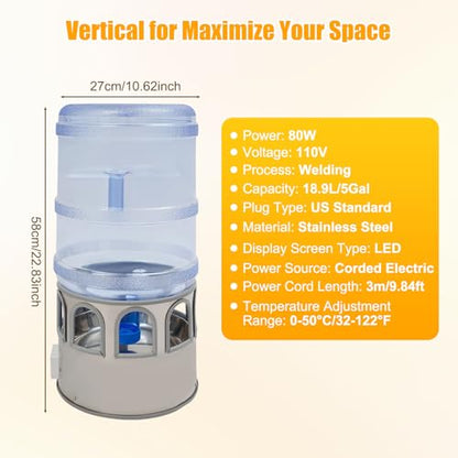 Poultry Chicken Water Heater, 80W Heated Chicken Waterer 5 Gallon with 32 °F-122°F Temperature Adjustable, 9 Drinking Windows & LED Display Screen, Poultry Water Deicer for Winter