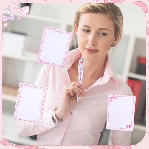 Dispowreath 24 Pcs Pink Bow Sticky Notes with Pens Coquette Bow Themed Self Adhesive Notepad Black Ink Ballpoint Pen Office Supplies Coquette Gift for Birthday, Bachelorette, Bridal, Engagement - style: Pink bow