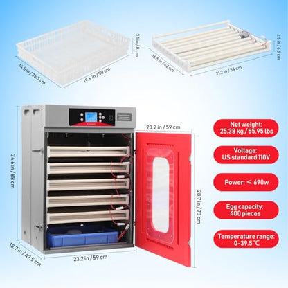 400-Egg Commercial Cabinet Incubator, Digital Poultry Hatcher with Automatic Temperature & Humidity Control, Large-Capacity Auto Turner for Chicken, Duck, Goose & Quail Eggs
