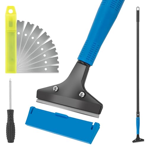 KeFanta Floor Scraper Heavy Duty, 4" Wide Razor Blade Scraper Tool with 45.7" Long Handle, 10PCS Extra Metal Blades, Scraper for Cleaning Glass Wall Gum Paint Tile Glue Linoleum Sturdy Durable - color: Long Handle Floor Scraper Blue