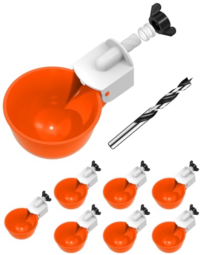 Chicken Waterer Cups (8 Pack) with 3/8" Drill Bit - Orange | Automatic Poultry Drinker Feeder Kit for Chickens, Ducks, Turkeys, Quail, Bunnies | DIY Gravity Fed Bucket Water Dispenser - color: Orange, size: 8 Pack + Drill bit