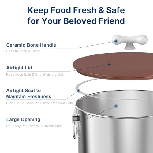 Paw Libero 2PK 35 Lbs Stainless Steel Dog Food Storage Container with Airtight Lid & Ceramic Bone Handle, Large Metal Dog Food Bin for Dogs & Cats, Keep Fresh, Easy to Clean - size: 35 lbs - 2pk