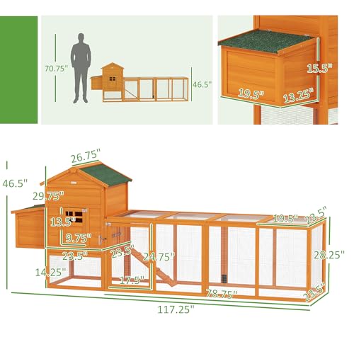 PawHut 118" Extra Large Chicken Coop with Asphalt Roof, Wooden Hen Run with Slide-Out Tray and Nesting Box, Chicken Hutch for 3-6 Chickens, Orange - color: Orange