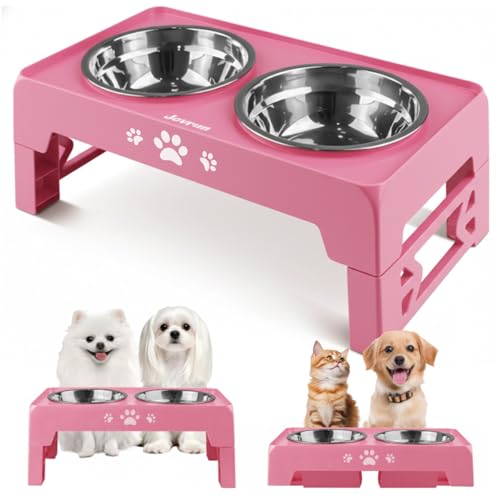 Jovrun Elevated Dog Bowls for Small Dogs and Cats, Non-Slip Cat Bowls with 2 Thick 5.5" Stainless Steel Dishes, Dog Feeder 2 Heights Adjustable to 2.6"-5.3" - color: Pink, size: for Small Dogs and Cats 2 Basic Bowls