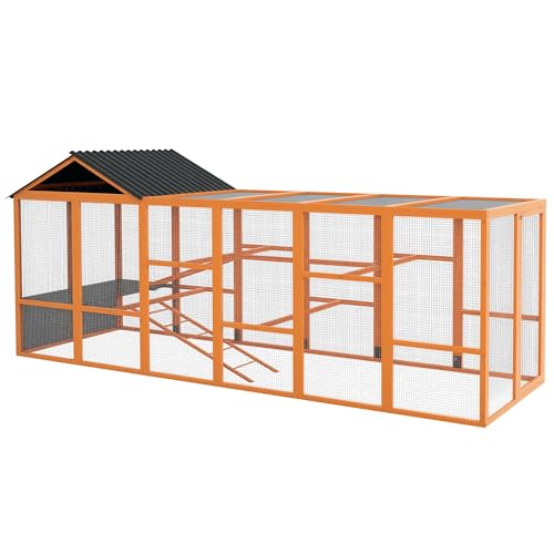 PawHut Wooden Chicken Coop Run for 6-10 Chickens, Hen House, Poultry Cage Add-On with Storage, Perches, 141.75" x 48" x 61", Orange - color: Orange