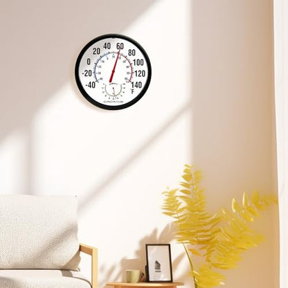 Circrane 13.25 Inch Round Thermometer with Hygrometer, Large Indoor Wall Patio Bimetal Weather Thermometer, No Battery Required, Black - color: Black