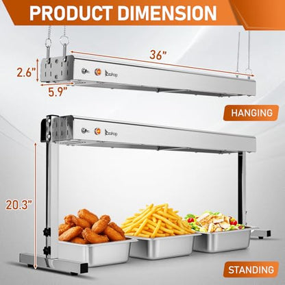 Winado 36 inch Food Heating Lamp, 1000W Commercial Food Heat Lamp, Hanging & Freestanding Stainless Steel Infrared Strip Heater, Food Warming Lamp Restaurant Equipment for Restaurant Kitchen Cafeteria - size: 36 inch