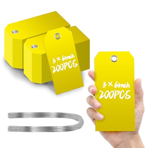 200 Pcs Large Plastic Shipping Tags with Wire Attached Heavy Duty Blank Waterproof Tags with String for Inventory Outdoor Labeling Equipment 6 1/4" x 3 1/8" (Yellow) - color: Yellow, size: 6 1/4" x 3 1/8"