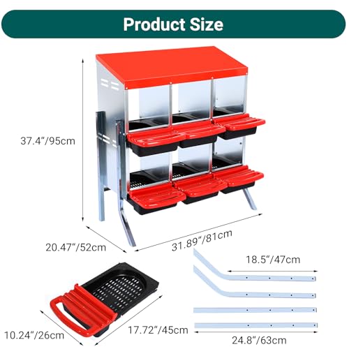 Garvee Chicken Nesting Boxes, 6 Hole Metal Chicken Laying Box with Removable Trays for Chicken Coop, Red, with Metal Legs - color: red, size: 6 grids with legs