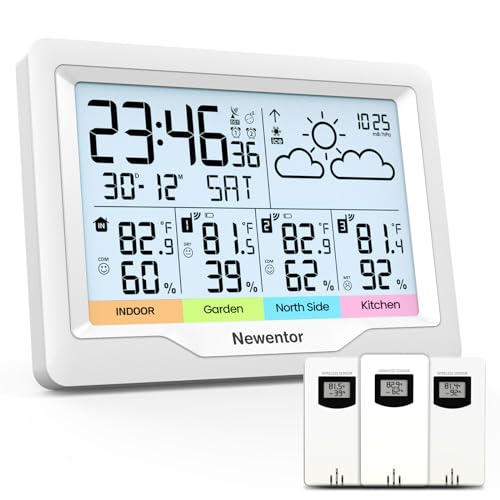Newentor Weather Station Wireless Indoor Outdoor Battery Powered, Indoor Outdoor Thermometer with Atomic Weather Clock Multiple Sensors, Temperature Humidity Monitor and Barometer for Home, White - color: White