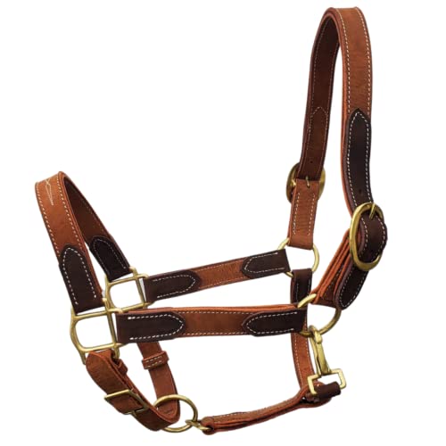 Vibrania Leather Horse Halter in Two Tone Double Layer Super Soft Premium Distressed Leather with Solid Brass Hardware (Oversize, Tan) - color: Tan, size: Oversize