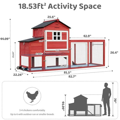 Chicken Coop with Wheels for 4-6 Chickens, Mobile Hen House with Run, Outdoor Chicken Coop, Ventilated Window, Easy-Clean Nesting Box, Weatherproof Asphalt Roof, 82.7” L x 25.6” W x 44.1” H, Red - color: Red