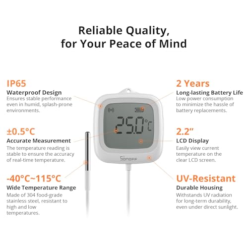 SONOFF SNZB-02LD Zigbee Waterproof Temperature Sensor with 1.5M Stainless Steel Probe, LCD Display, -40~115°C Range, APP Monitoring, Magnetic Mount, Works with Zigbee Hub