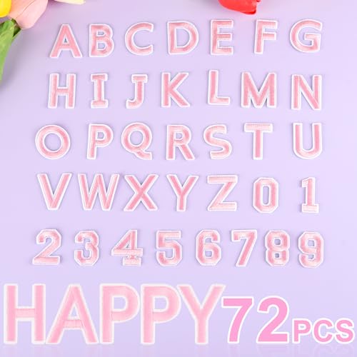 ASTARON 72 Pcs Iron on Letters and Numbers Patches, 1.5 Inch Letters A-Z Numbers 0-9 Embroidered Applique Patches Alphabet Cloth Patch for Clothes, Bags, Socks, Jeans, Hat, DIY Accessories(Pink) - color: Pink