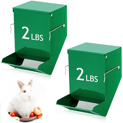 Maxcheck 2 Pcs Rabbit Feeder for Cages Small Animal Food Pellet Dispenser with Lid Metal Chicken Grit Oyster Shell Squirrel Feeders Outside(4.7 Inches,Mesh Bottom,Green) - color: Green, size: 4.7 Inches
