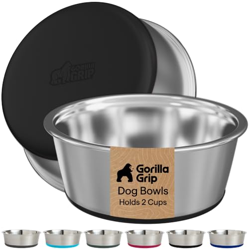 GORILLA GRIP Dog Bowls, Food Grade 304 Stainless Steel, Holds 2 Cups Each (16 fl oz) Food and Water Bowl for Feeding Dogs and Cats, Dishwasher Safe, Rust Resistant, BPA Free Rubber Base Set of 2 Black - color: Black, size: 2 Cup (16 Oz)