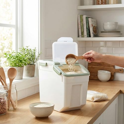 RUIAN Large Airtight Storage Container, 25lb Flour Rice Storage Containers Bin with Wheels Seal Locking Lid, with Measuring Cup&Scoop for Flour, Rice, Grain (Green, 2PCS) - color: Green2Pack 25Lb