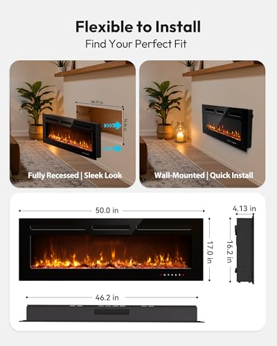 EUHOMY 50 Inch Electric Fireplace Recessed Wall Mounted with Remote Control, Fireplace Heater with Adjustable Flame Color, Linear Fireplace with Timer, Log & Crystal, 750/1500W (2026 Upgrade) - size: Upgrade 50Inch