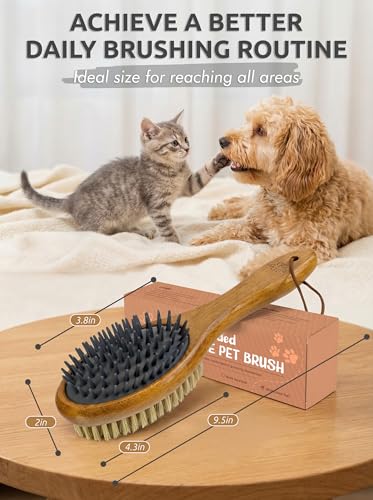 TAKAVU Short Hair Dog & Cat Deshedding Brush - Double Sided Grooming Tool with Silicone Massage & Bristle Sides - Removes Loose Fur & Dirt - Wood Handle - color: White Boar Bristle & Silicone Brush