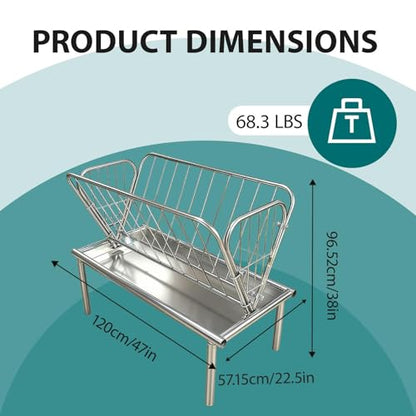 Galvanized Steel 47" L x 22.5" W x 38" H Goat Hay Feeder, 2-in-1 Horse Goat Feeder with 6" Deep Extra Wide Feed Pan, 2-in-1 Easy Assembly Hay Feeder for Goats Horses, Heavy Duty Pasture Hay Rack