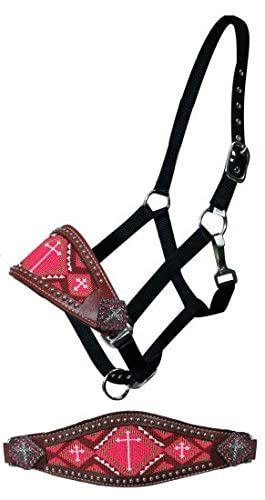 Showman Leather Bronc Halter w/Beaded Cross Design - color: Pink