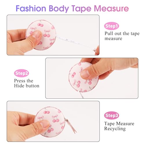 Retractable Mini Tape Measure, Auto-Retract, Premium Leather Tape Measure, Dual-Sided Ruler, Ideal for Fabric Cutting, Body Measurements, and Handicrafts (Pink Bow Cherry) - color: Pink Bow Cherry