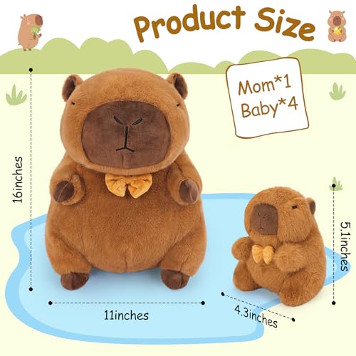 Achwishap 5PCS Capybara Plush,Capybara Stuffed Animal Mommy with 4 Capybaras Babies Plush Toy,Cute Plushie Capybaras Hugging Pillow Cuddle Plushie for Kids Girls Boys Birthday,Capy bara Family 16” - color: Brown Capybara Family-1+4
