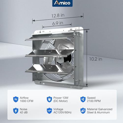 Amico 10" Shutter Exhaust Fan with Remote, 9-Speed Energy Efficient & Quiet 13W DC Motor 1000 CFM Wall Mount Ventilation Fan for Garage,Greenhouse,Attic & Chicken Coop,Plug & Play,8-Hour Timer,FCC - size: 10 inch