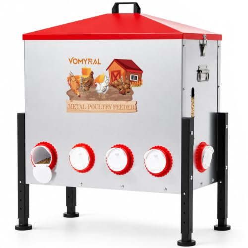 Automatic Chicken Feeder, 130LB Large Chicken Feeder with 10 Feeding Ports, No Waste Metal Poultry Feeder, Rat Proof Design, View Window, Height-Adjustable Legs for Ducks, Geese & Chickens - size: 10 Ports - Max 130 lb